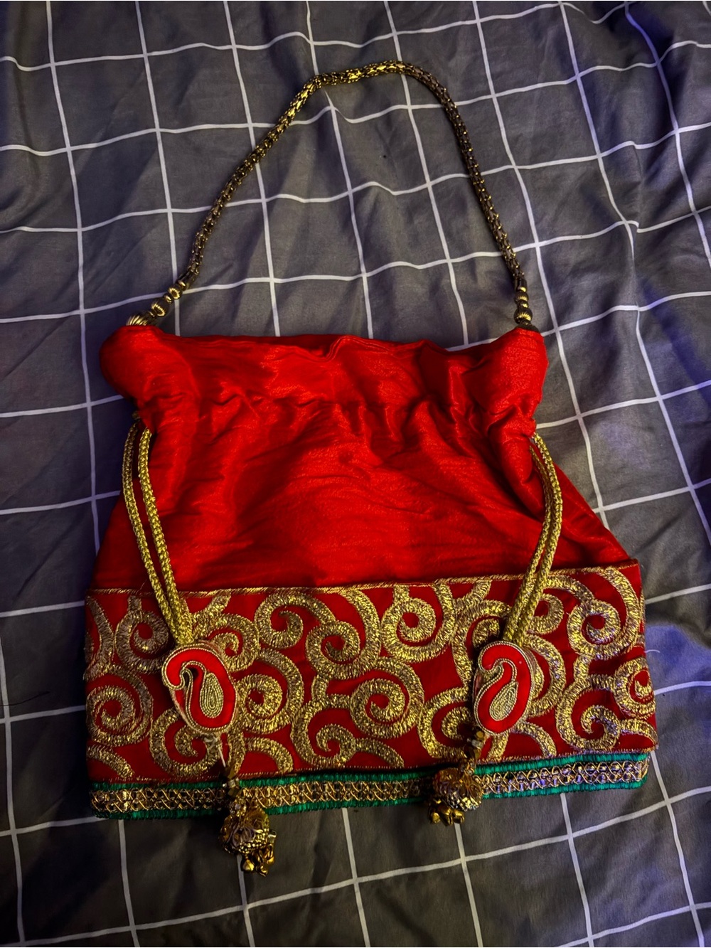 Embroidered Red Drawstring Potli Bag with Gold Accents
